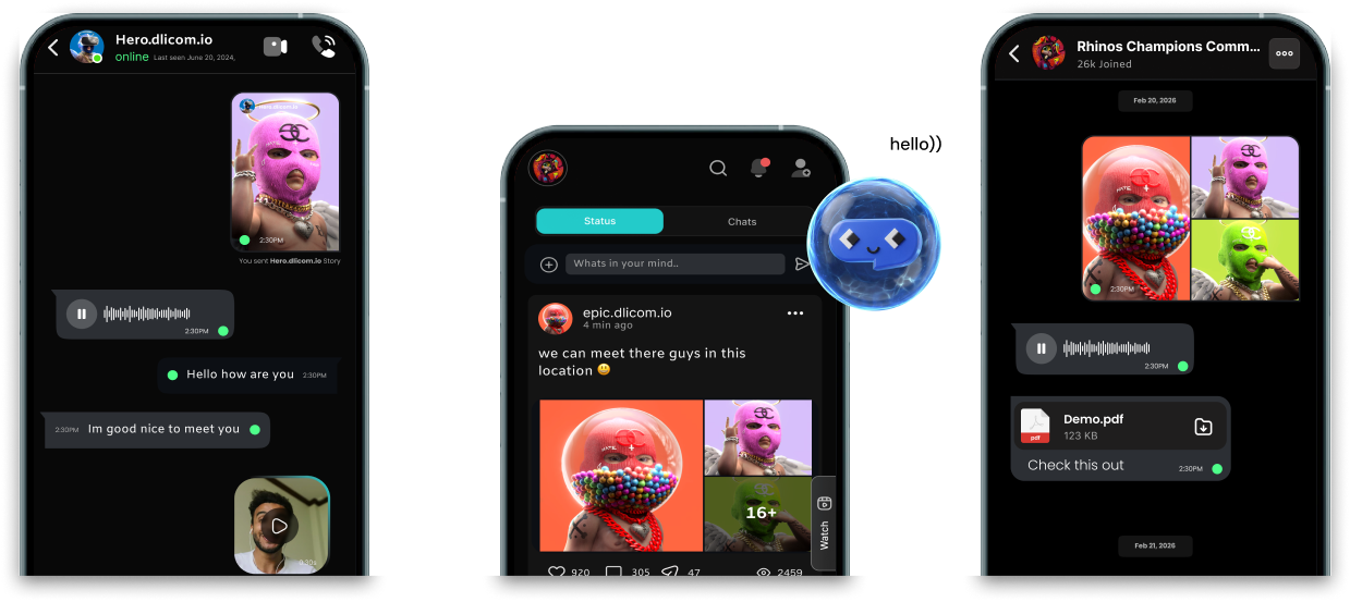 Dlicom app previews showing messaging, social feed, and community chat